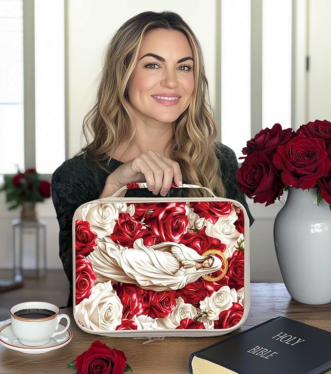 Virgin Mary Bible Cover for Women | Red and White Roses Scripture Case with Zipper and Handle | Large Polyester Bible Bag with Pockets for Church, Study & Travel | Christian Gifts for Women