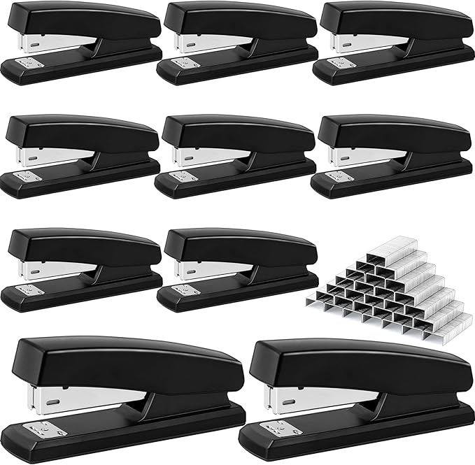 10 Pcs Staplers, Metal Desktop Staplers, Heavy Duty Office Stapler with 6000 Staples, 20 Sheet Capacity Standard Stapler for Home Desk Office(Black)