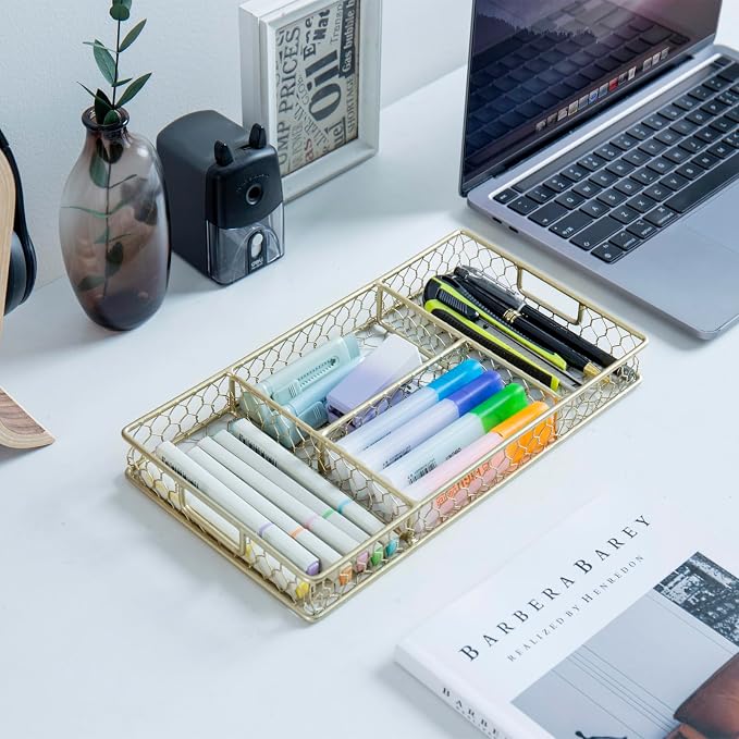 MyGift 4 Compartment Vintage Brass Tone Metal Chicken Wire Desk Organization Tray with Handles, Office Desktop Supplies Storage or Makeup Accessories Drawer Organizer