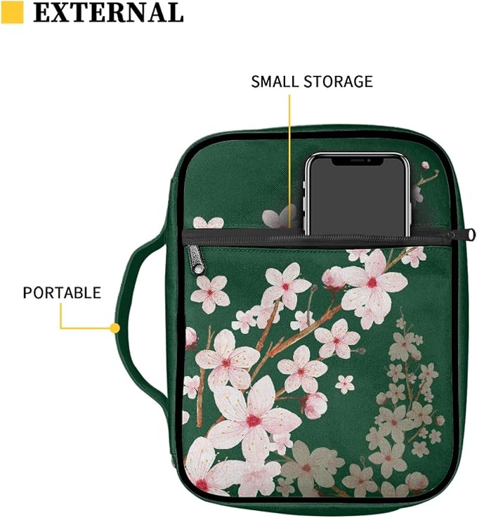 Coldinair Cherry Blossoms Print Bible Covers for Women,Cute Carrying Book Case Church Bag Bible Protector with Handle and Zipper Pocket,Green