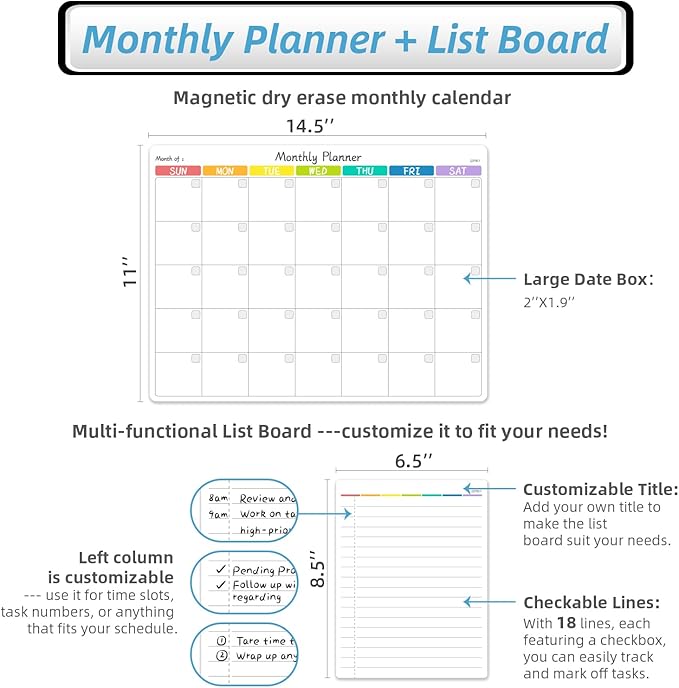 JJPRO Magnetic Dry Erase Monthly Calendar for Fridge-14.5"x11" Monthly Fridge Calendar and Daily to Do List,Magnetic Calendar for Refrigerator -3 Markers