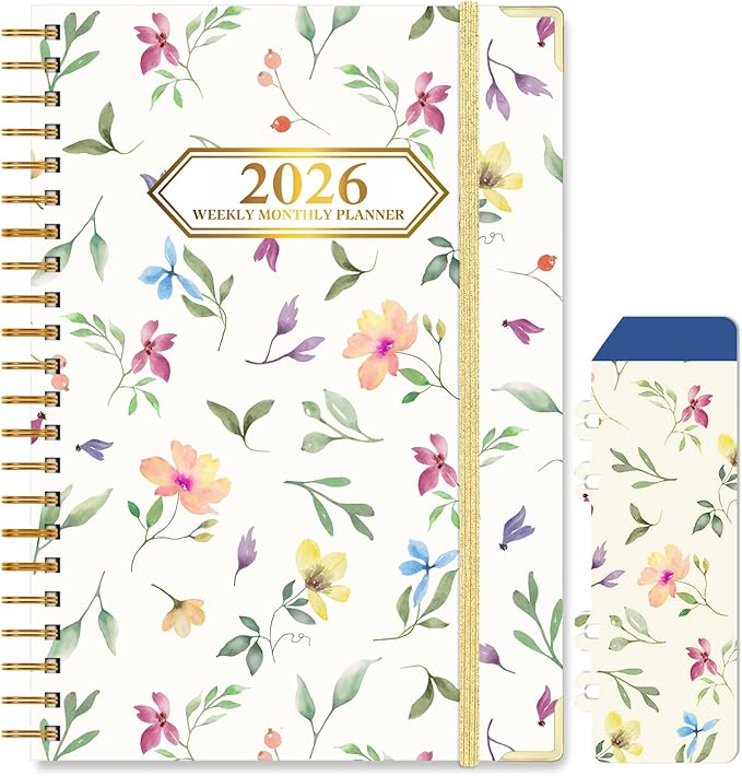2026 Monthly Planner, Jan.2026 - Dec.2026 Weekly Monthly Planner 6.25"x8.5" with Page Tabs, Calendar Hardcover with Inner Pocket, Elastic Band, Twin-Wire Binding, Bookmark, Colored Flower