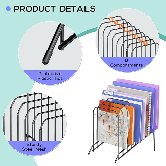 Gawerk Incline Metal Desk Magazine Folder Holder, Sorter Desk File Organizer with 8-Section Vertical Compartments Rack File Organizer for Office, Home, School (4 Pack)