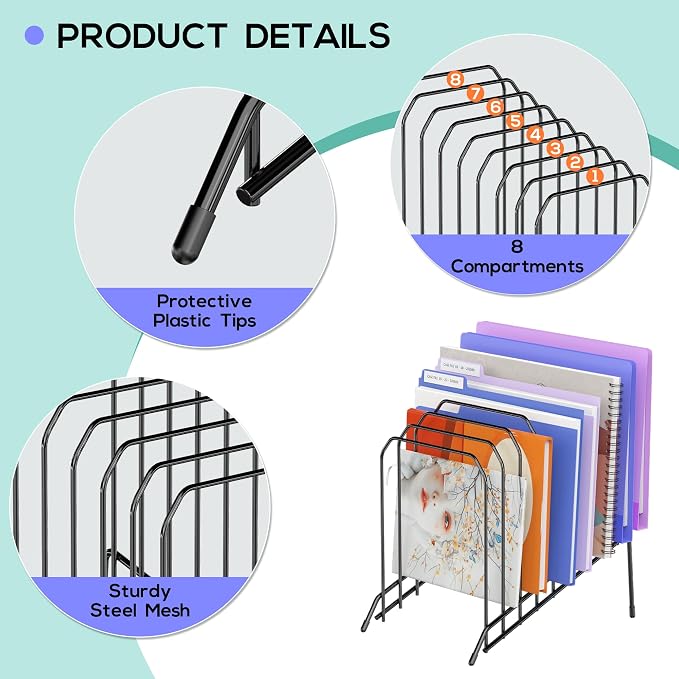 Gawerk Incline Metal Desk Magazine Folder Holder, Sorter Desk File Organizer with 8-Section Vertical Compartments Rack File Organizer for Office, Home, School (2 Pack)