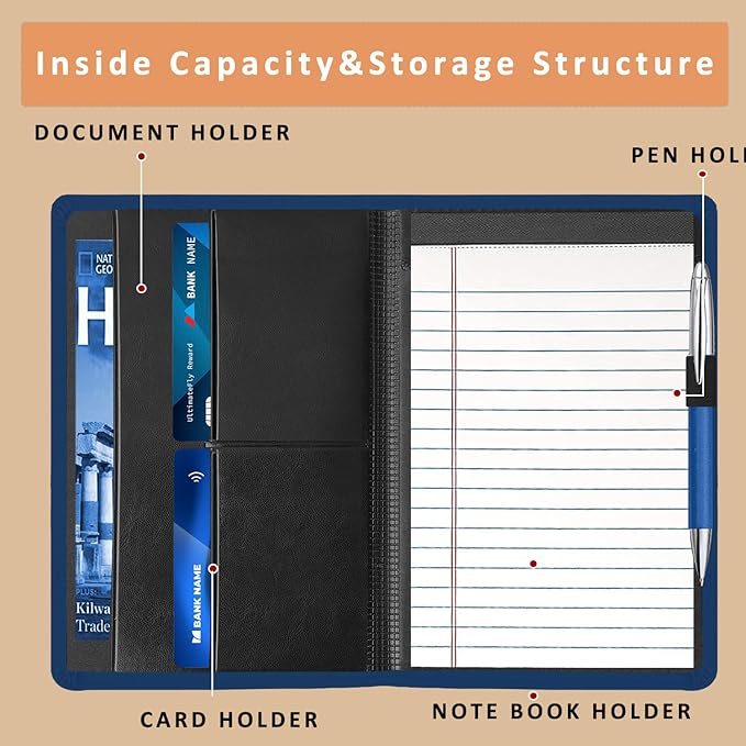 Padfolio Binder A5 Document Organizer with Refillable Lined Notepad, Junior Size Folder Portfolio for Men Women,Navy Blue.