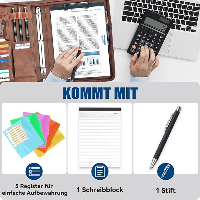 Padfolio Portfolio Binder with Handle, 3-Ring Folder Organizer, Vegan Leather Portfolio with Notepad Includes 5 Dividers with 10 Pockets for Documents Filesfor Documents Files and 1 Pen