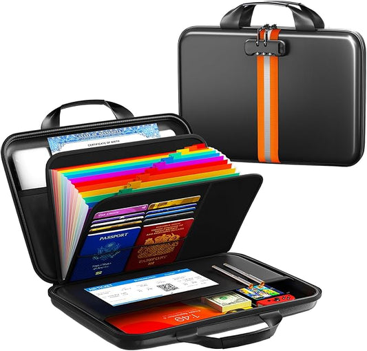 Fireproof Document Organizer with Lock, Rigid EVA File Box with 13-Pocket Accordion Folder for Important Documents & Tablets under 11", Lightweight Safe Storage for Home, Office & Travel (Small Size)