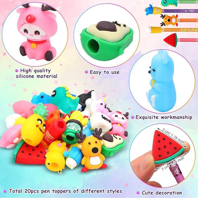Teling 80 Pcs Scented Bookmarks and Pencils with Cute Toppers Set Fun Pencils Fruit Food Theme Scratch and Sniff Bookmarks Cartoon Pen Toppers Study Supplies(Lovely Style)