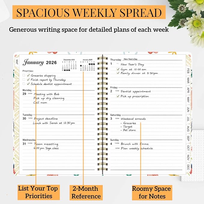 2026 Planner Weekly and Monthly,Jan 2026 to Dec 2026,A5 Hardcover Academic Appointment Book with Tabs,100GSM Thick Paper,Back Pocket & Bookmark Ruler,Cute Floral Butterfly Agenda for Women Teachers Students