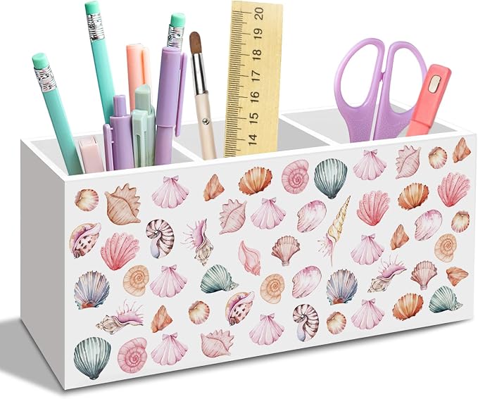 Pink Coastal Pen Pencil Holder for Desk, Preppy Beach Seashell Office Desk Accessories, Pink Coastal Seashell Pen Holders Organizer for Grils Room Classroom Bathroom, Beach Toothbrush Holder