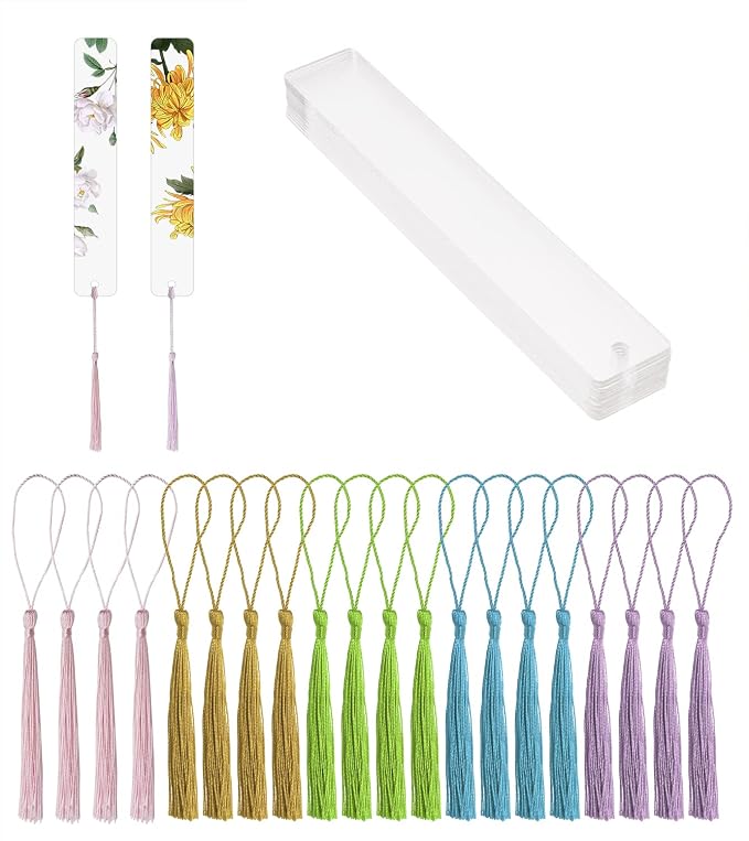 Blank Clear Acrylic Bookmarks Penta Angel 20Pcs Plastic Craft Transparent Acrylic Book Page Marks with 20Pcs Small Book Page Marks Tassels for DIY Projects and Graduation Gift Tag (Rectangle)