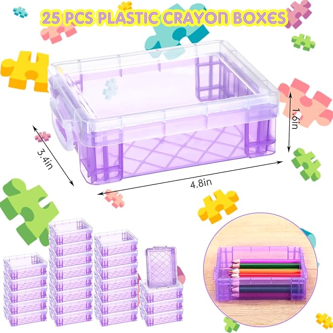Suzile 25 Pcs Plastic Crayon Boxes with Snap Lids Crayon Storage Organizer Stackable Container Bulk Pencil Case for Pen Crafts Classroom Supplies(Purple)