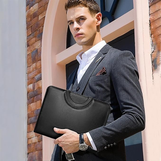 Eshow Leather Portfolio Professional Business Padfolio with Hidden Handle - Interview Resume Notefolio Premium Legal Document Organizer with Card Holder, Notebook and File Folders for Men and Women