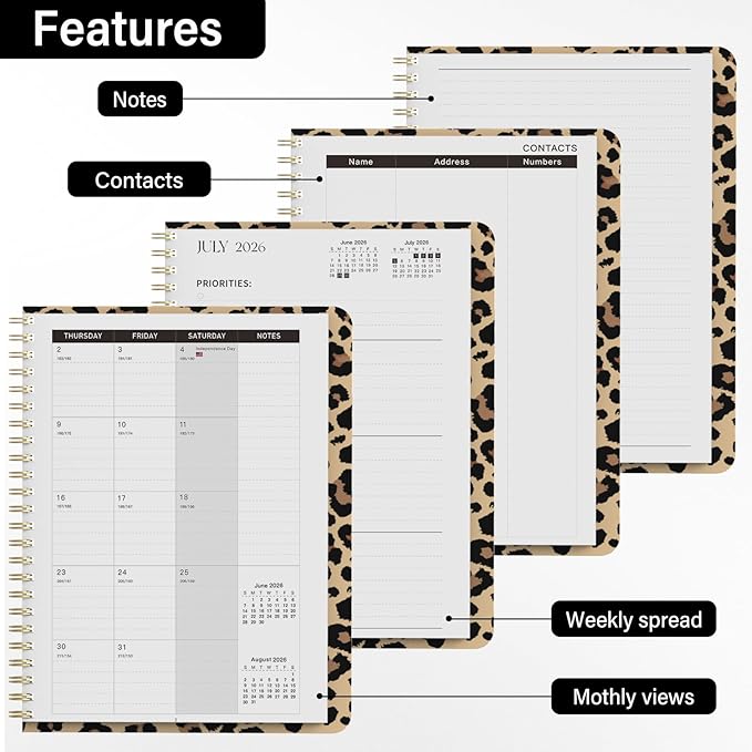 2026 Planner, Weekly and Monthly Calendar Planner for Women, 6.3" x 8.5", Jul 2026 - Jul 2027, Hardcover Planning Agenda book with Tabs, Spiral Bound, Inner Pocket, for School Office Supplies(Cheetah Spots)