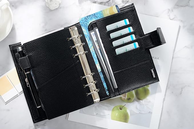 Moterm Personal Luxe Rings Planner - Genuine Leather Binder Organizer (30mm Ring, Pebbled-Black)