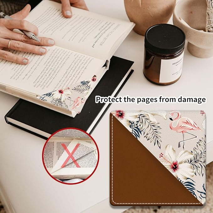 Cute Leather Bookmarks, Fun Triangle Making Corner Bookmark, Book Accessories for Reading Book Lovers, Unbreakable Page Markers for Women Men Cute Pink Flamingo
