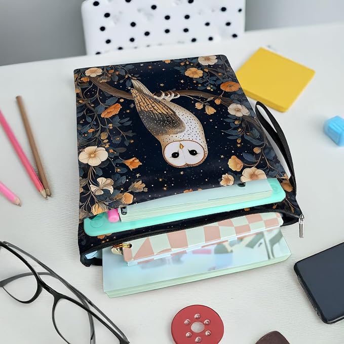 Vintage Floral Owl Book Cover, Waterproof Book Sleeve with Zippered Front Pocket Retro Flowers Book Pouch for Book Lovers, Christmas, Birthday, Graduation Gifts (Owl, Large)