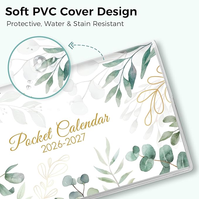 Pocket Calendar 2026-2027 for Purse, 2026-2027 Pocket Planner 24 Months with Soft Waterproof Cover and Premium Paper, 6.5" x 3.5", Leaf