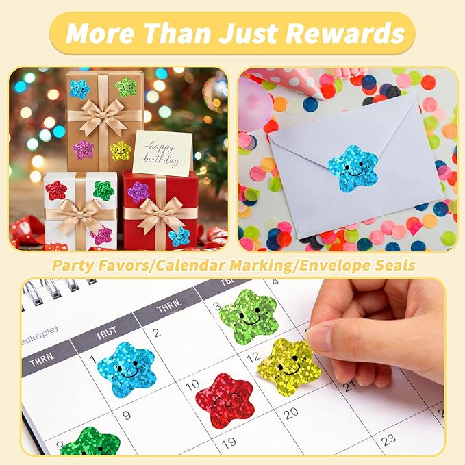 1000Pcs Smiley Face Star Stickers - 1 Inch Cute Glitter Reward Stickers, 8 Colors Sparkly Foil Decals for Kids Behavior, Toddler Potty Training, Teacher Supplies & Journals