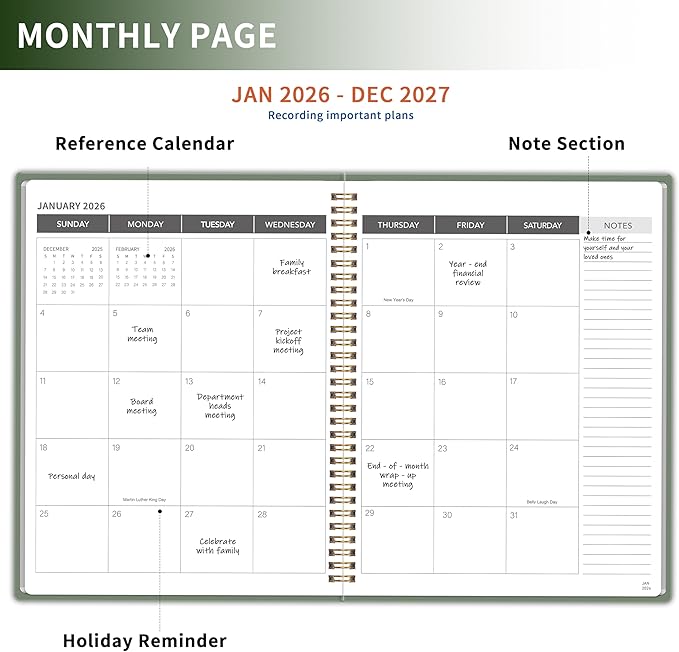 Monthly Planner 2026-2027, 2 year calendar 2026-2027 Calendar Book from Jan 2026 - Dec 2027 with Waterproof PVC Cover, 9'' x 11'', Organize Schedule for School, Office, Family,Army Green