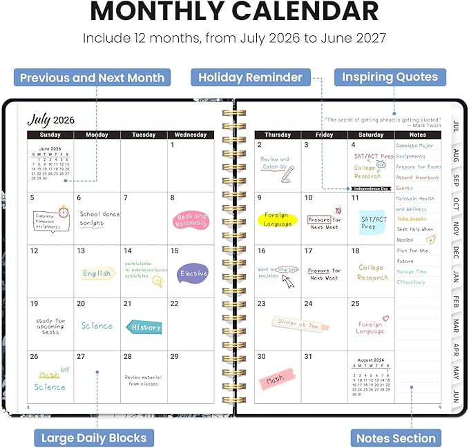 2026–2027 Academic Planner, Weekly and Monthly Planner for Women, July 2026 - June 2027, Pretty Hardcover 2026–2027 Academic Planner with Tabs, Inner Pocket, Spiral Bound, Perfect Office Home School Supplies - 6.3" x 8.5", Nocturne Peonies