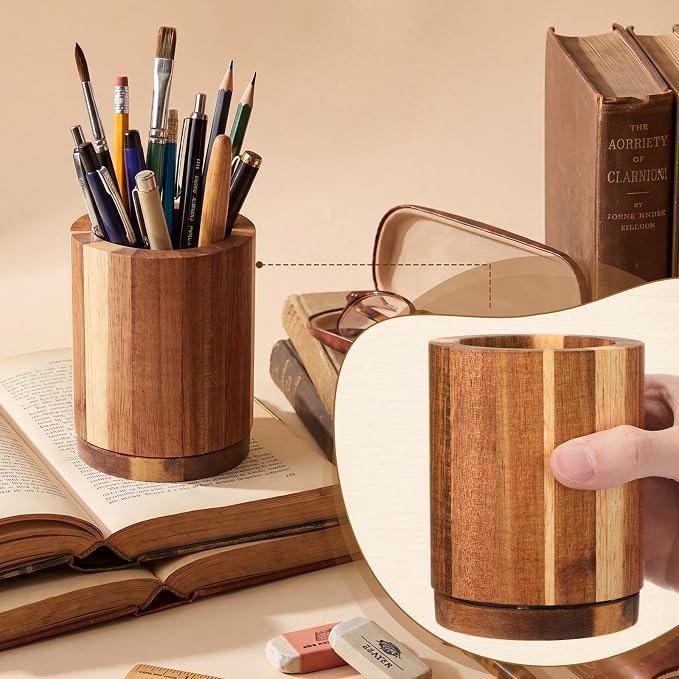 360° Rotating Pen & Pencil Holders Accessories Acacia Wood Desktop Pencil Holder Containers Farmhouse Stationery Organizer Stand for Office Table Desk Accessory