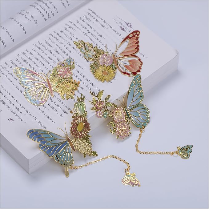 4 Pack Metal Butterfly Bookmarks, Aesthetic Vintage Bookmarks with Chain Cute Funny Bookmark, Unique Gifts Book Markers for Book Lovers/Women Writers Readers