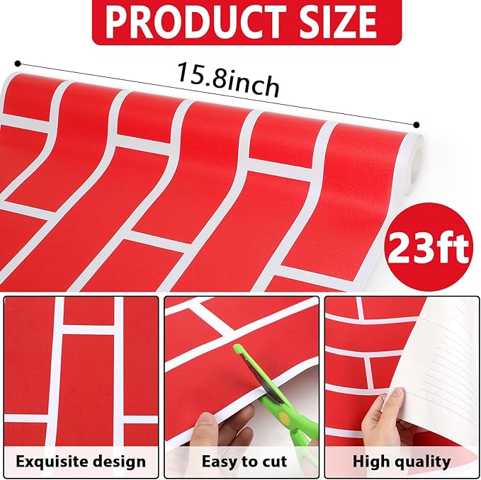 Christmas Red Brick Bulletin Board Roll Plastic 15.75inch x 23ft Peel and Stick Non-Fading Resistant Anti Wrinkle Christmas Bulletin Board Roll for Classroom Wrapping Paper Supply Wall Decoration