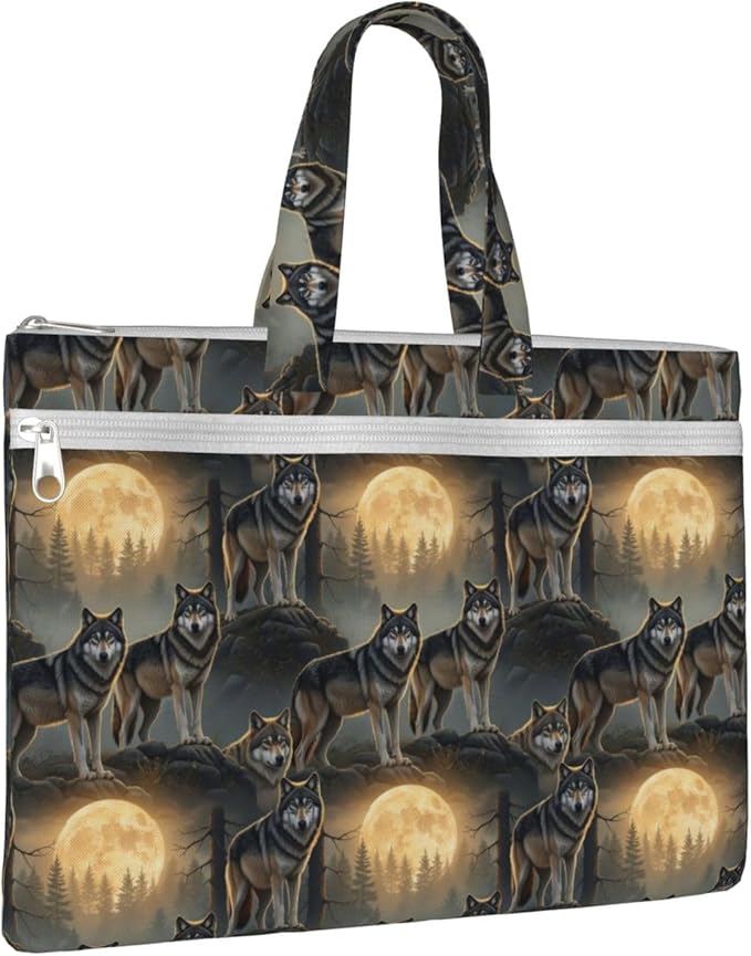 Double Pocket Canvas Zipper Pouch File Bag Full Moon Wild Wolf Art, Waterproof Document Briefcase with Handle for Travel Office