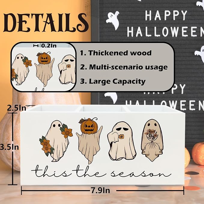 Funny Ghost Halloween Pen Holder for Desk, Spooky Pumpkin Wooden Box Sign Desk Decor for Home Office Decoration, Cute Ghost Pencil Organizer, Fall Halloween Decor