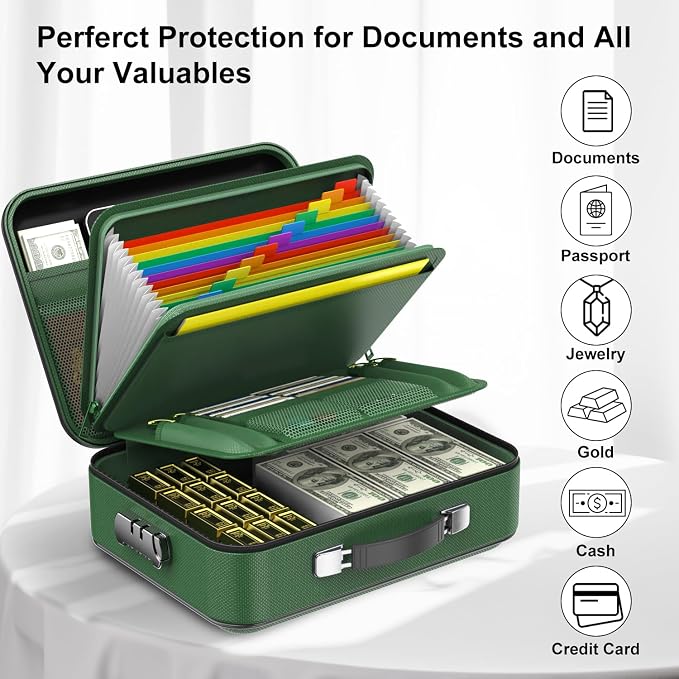COLCASE Fireproof Document Box with Lock, Hard Fireproof Document Organizer | Hard-Shell Fireproof Waterproof Safe Box with Combination Lock Green