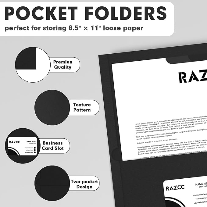 Two Pocket Folders, RAZCC 75 Pack 2 Pocket Folders Fit Letter Size Paper, Paper Folders with Pockets for School Office Business Home (Black)