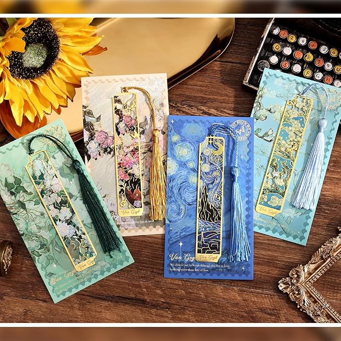 icceemee 4 Pieces of Gold Hollow Bookmarks with Tassels, Featuring Van Gogh and Monet Oil Painting Themes Perfect for Book Lovers, Writers, Readers, Children, Teenagers, Men, Women, and Adults