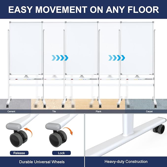 Mobile Dry Erase Board on Wheels - TANKEE 40 x 24 Magnetic Double Sided Whiteboard Easel, Large Reversible Rolling White Board with Aluminum Frame Standing for Office, Home, Classroom