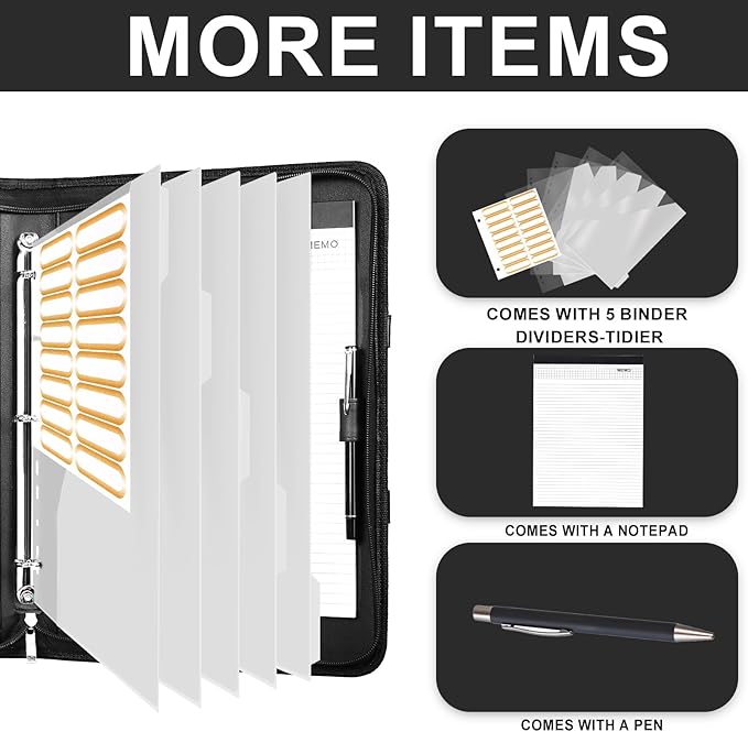 Leathario Portfolio Binder, Includes 5 Folder Index Dividers, 13 Inch Tablets Organizer with Handle, Vegan Leather A4 Padfolio, Multi-Pocket Notepad Business Planner Professional Document