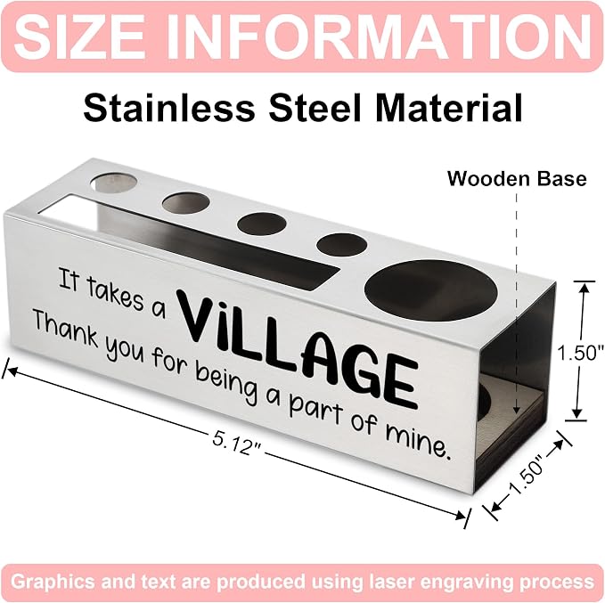Stainless Steel Pencil Holder with "It Takes a Village" Quote, Thank You Gift for Teacher Coworker Mentor Friend, Office Desk Organizer for Sticky Notes Pens Scissors Ruler, Work Decor - FBA389