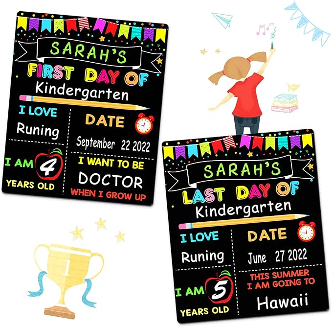 First Day of School Signs, 10 x 12 Inch Double Sided Back to School Board for Kids/Girls/Boys, Reusable Wooden 1st & Last Day of Preschool/Kindergarten Chalkboard