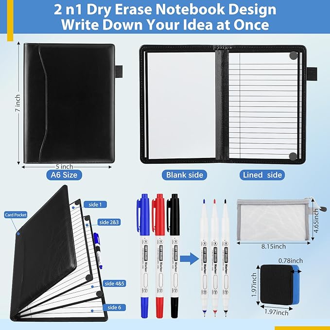 Feifeiya 6 Sides Dry Erase Notebook Portable Whiteboards Notebook Small Reusable College Ruled Lined Board Folding Mini Travel Dry Erase White Board for Office Study(Black,A6: 5 x 7 Inches)