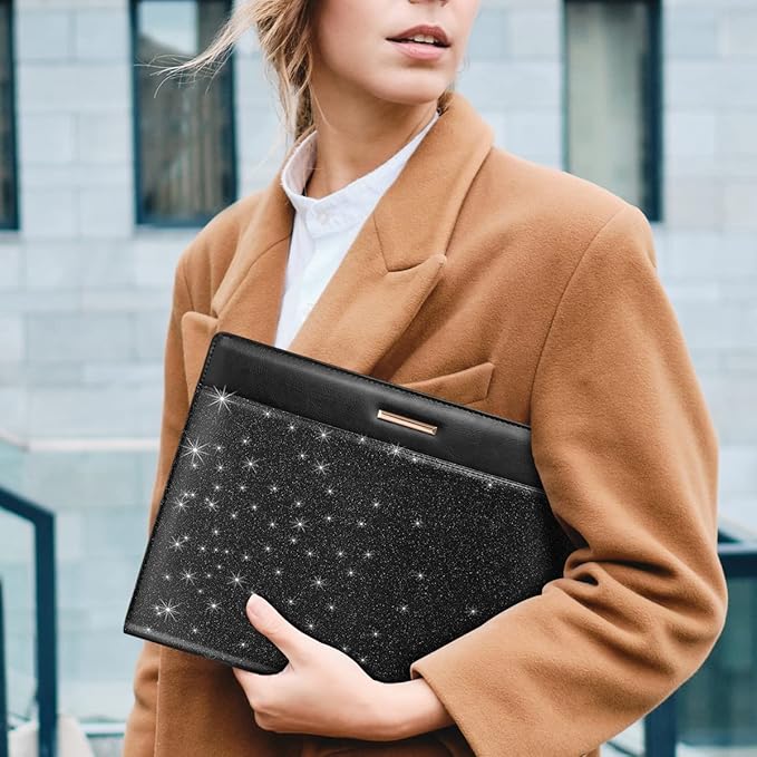 Glitter Padfolio/Resume Portfolio Folder for Women Men, WAVEYU Cute Chic Padfolio Cover Folder, Conference/Legal Document Organizer with Letter/A4 Size Clipboard, Document Sleeve, Black