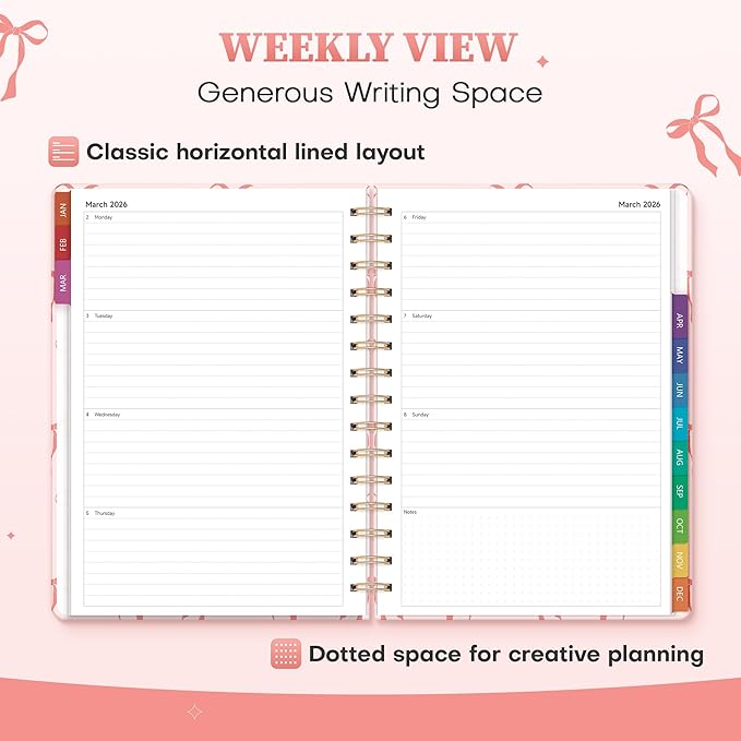 2026 Planner Weekly and Monthly, Jan.2026 - Dec.2026, Hardcover Calendar 2026 Agenda Daily Planner Book Spiral Notebook with Monthly Tabs, 6.1" x 8.3", Pink Bow