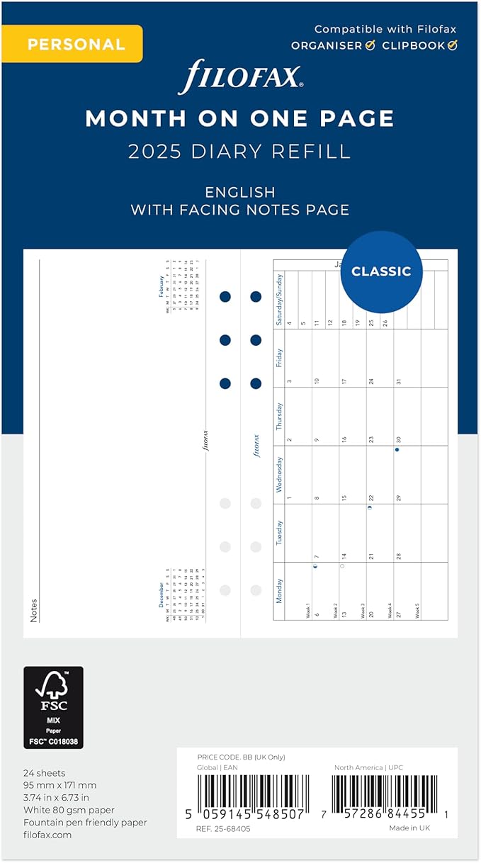 Filofax Calendar Diary Refill, Personal/Compact Size, Month on One Page with Notes, Horizontal, White Paper, English, 2025 (C68405-25)