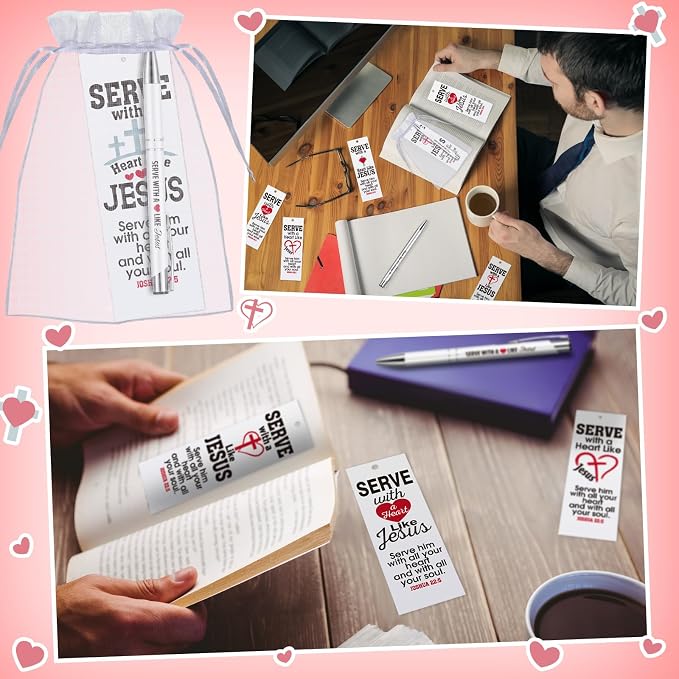 Dispowreath 24 Pcs/ 12 Sets Serve with a Heart Like Jesus Bookmarks with Christian Pen Include 12 Christian Joshua 22: 5 Bookmarks 12 Jesus Pens for Religious Church Volunteers Prizes Party Favors