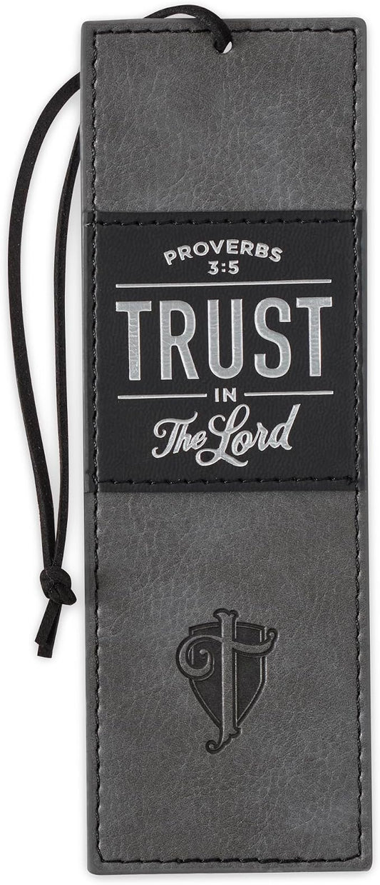 Christian Art Gifts Black Charcoal Gray Faux Leather Bookmark for Men: Trust in the Lord - Proverbs 3:5 Inspiring Bible Verse, Heat-debossed w/Silver Foil Accents Cross, Shield and Sturdy Leather Cord