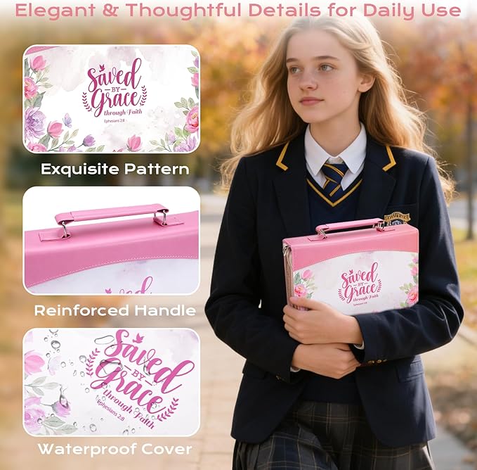 XKDOUS Bible Cover Case Leather Bible Bags with Handle, Tabs, Pens, Study Supplies Organizer Pink Carrying Book Case Large Church Book Holder Christmas Gifts for Women Lady