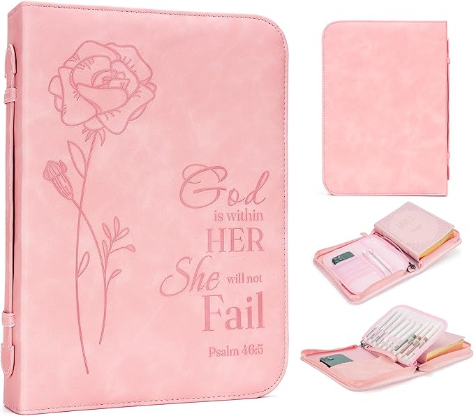 GUEER Bible Cover for Women, Bible Holder, Bible Cover Carrier Carrying Organizer Bag, Zipper and Pockets for Standard Size Bible, Gift for Women(Leather-Pink)