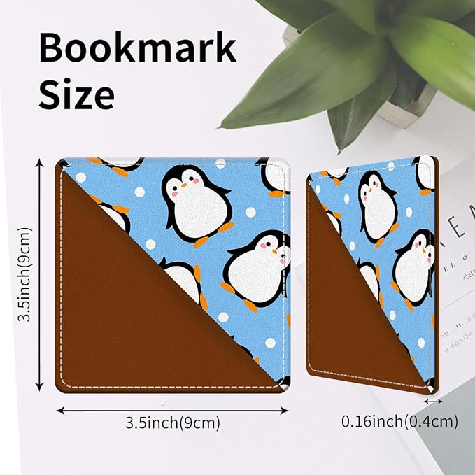 Cute Leather Bookmarks, Fun Triangle Making Corner Bookmark, Book Accessories for Reading Book Lovers, Unbreakable Page Markers for Women Men Cute Blue Penguin