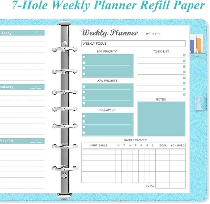 7-Hole Weekly Planner Refills for Mini Binders - 53 Sheets/106 Pages Weekly Planner Paper, 100 gsm White Paper, Lasts 1 Year, Undated, 5.8" x 8.3", Teal