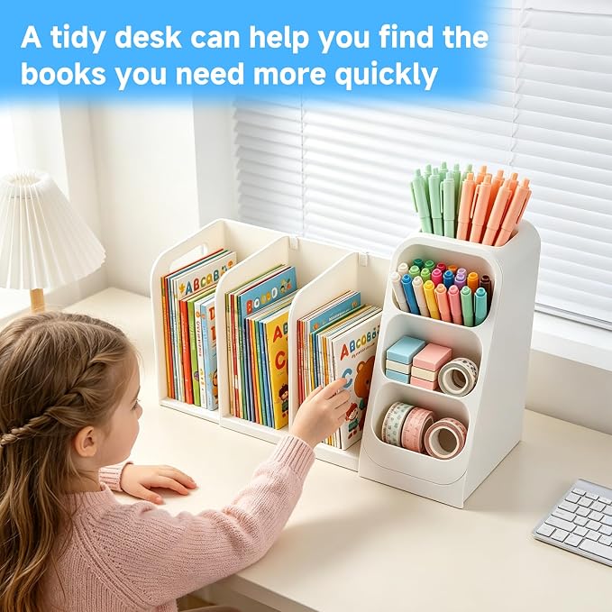 Multifunctional & Retractable Office Desk Organizer and Bookshelf, Small Space Desk Organizer with Magazine File Holder and Pen Holder,Desk Accessories & Workspace Organizers Office Supplies