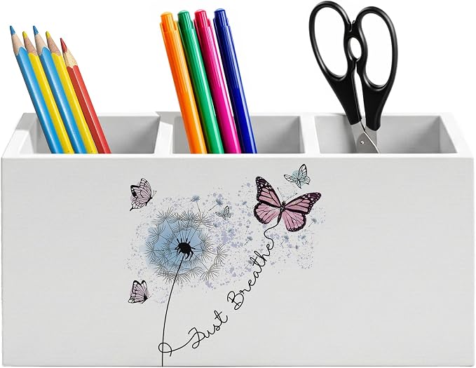 Just Breathe Mental Health Pen Holder for Home Office Desk, Therapy Office Decor, Blue Dandelion Butterfly Inspirational Wooden Box Sign Pencil Holder for Desk Shelf Organizer