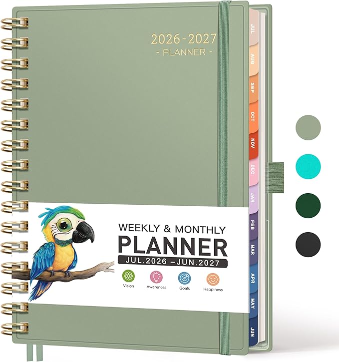 RETTACY Academic Planner 2026-2027, Weekly and Monthly, July 2026 - June 2027, Medium Size (5.7" x 8.3"), Calendar, Agenda, 12-Month Tabs, for Student, Teacher, School (Light Green)
